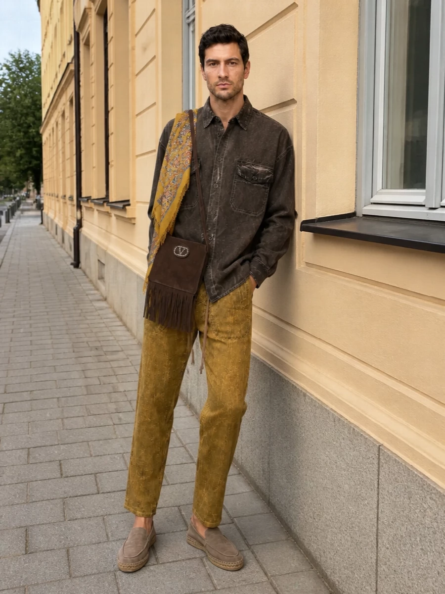 Uma wang mustard trouser brown shirt espadrilles