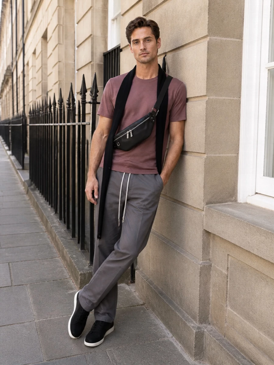 Rick owens mauve tee taupe pants black sneakers