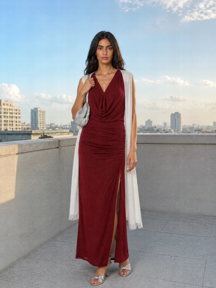 Rotate burgundy maxi dress silver heels clutch