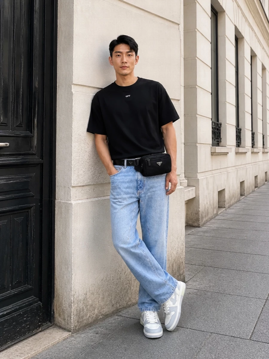 This look keeps Off-White’s tee as a clean focal point, grounding it with washed light-blue straight-leg denim for an easy, SS-ready streetwear silhouette. White-and-grey sneakers and a black nylon belt bag sharpen the palette into a crisp monochrome-plus-denim story, while a precise black belt quietly finishes the waist without breaking the minimal line. The result is relaxed, directional and wearable from city days to low-key nights.
