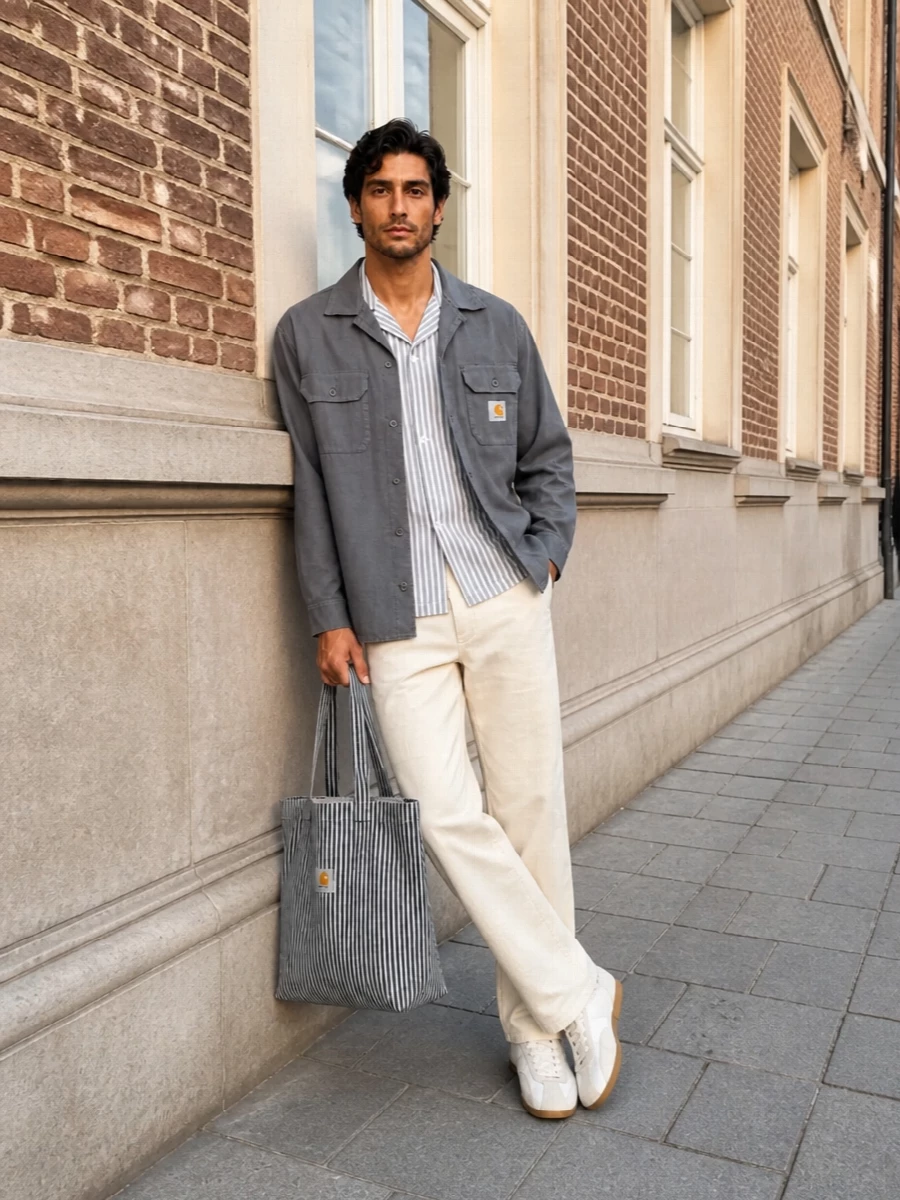 Carhartt wip slate overshirt cream trousers outfit
