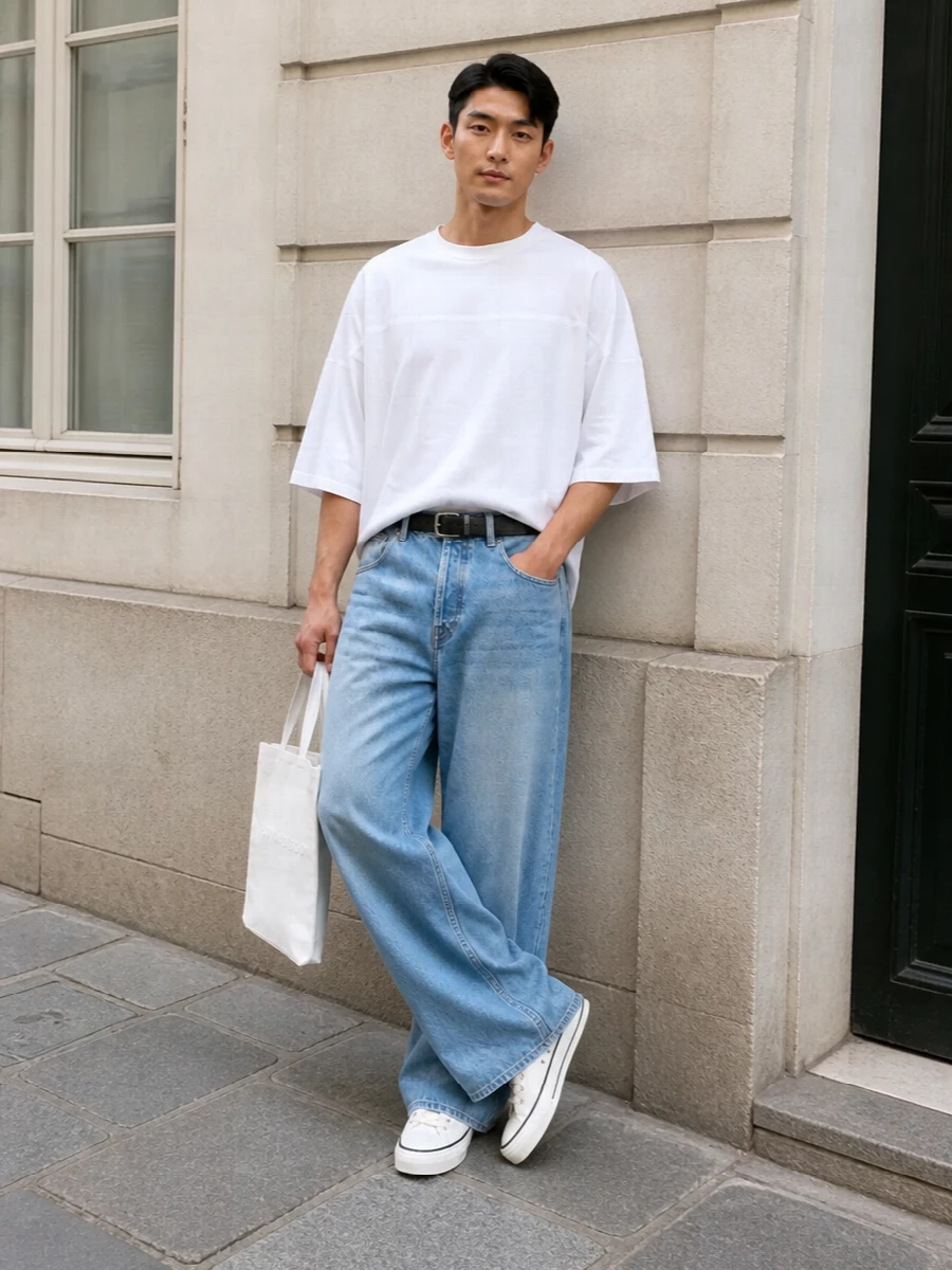 Jacquemus wide leg jeans white t shirt outfit