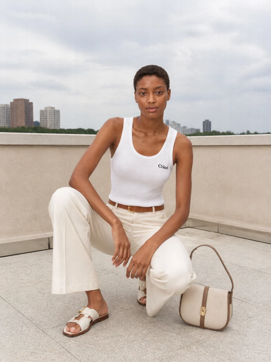 Chloe white tank ivory flared trousers outfit