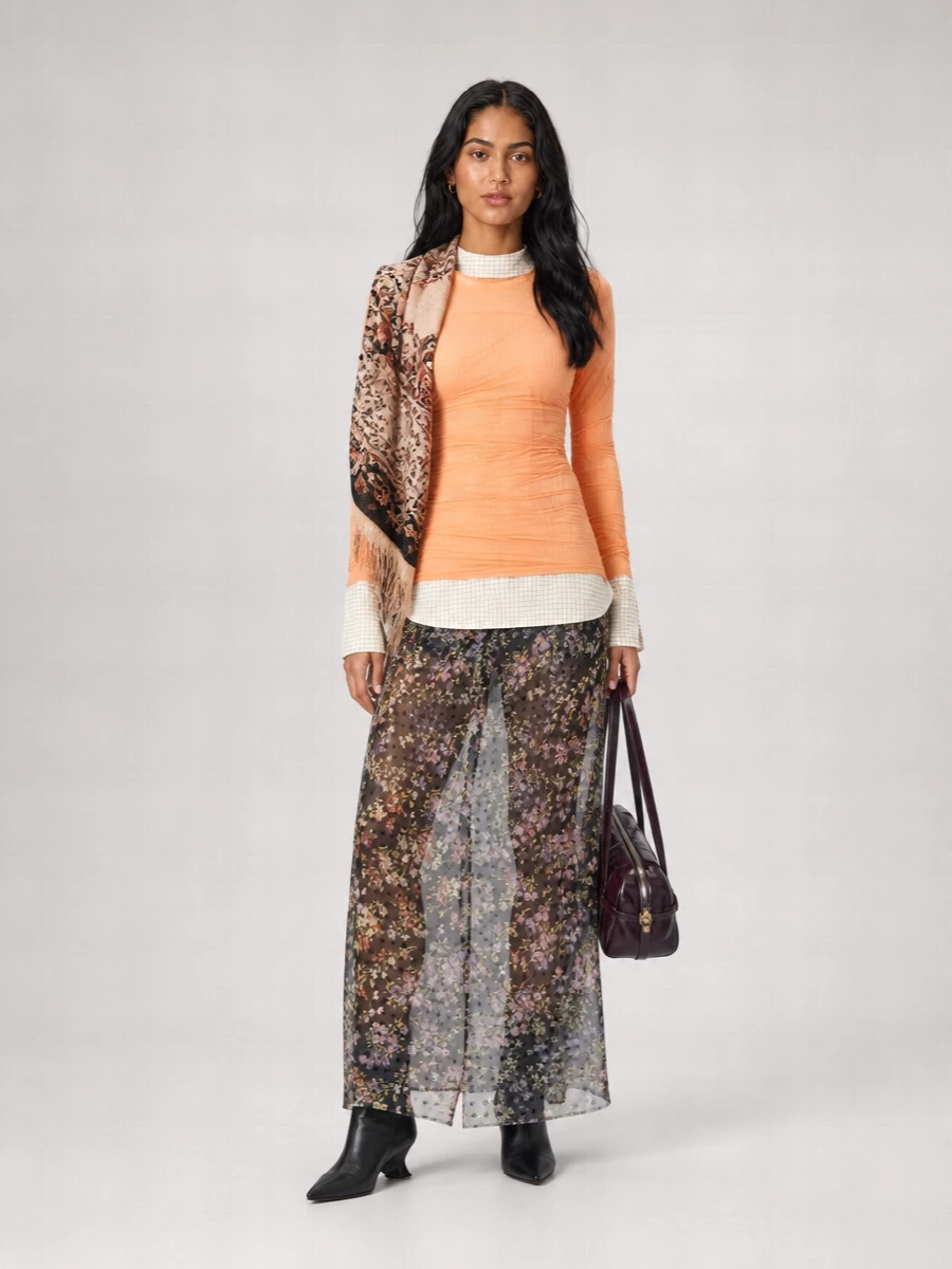 Dries Van Noten Floral-Print Draped Mesh Midi Skirt