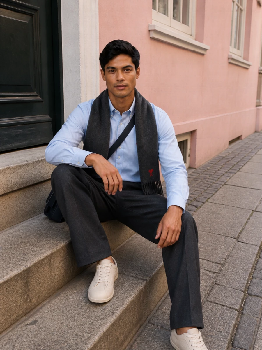 Ami paris blue shirt charcoal trousers outfit