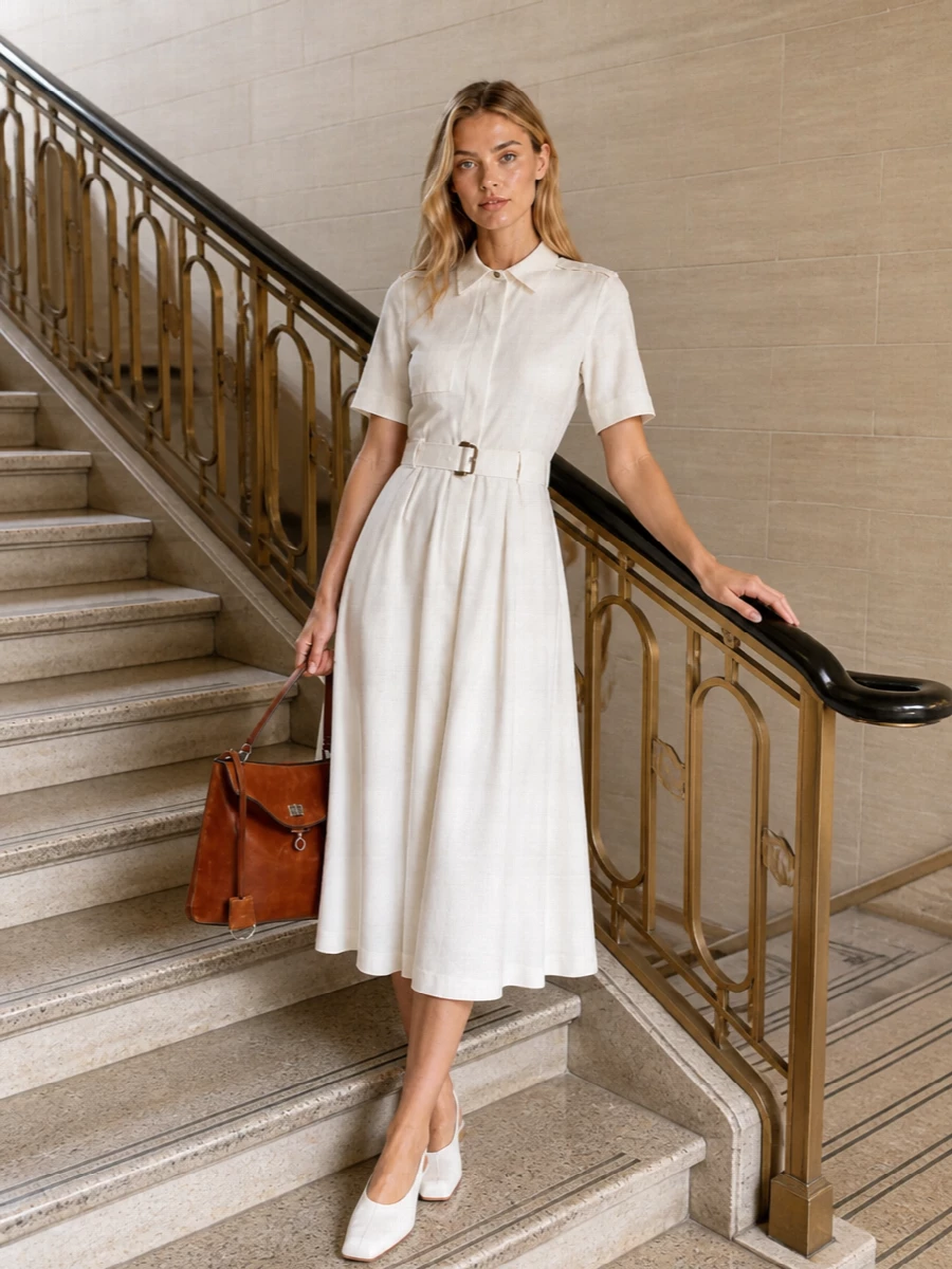An ivory Burberry shirt dress paired with the cognac Balenciaga bag creates a quietly polished city uniform, all clean lines and warm neutrals. The belted waist and fluid midi skirt balance structure with ease, while the flat white slingbacks keep the mood modern and unfussy. Choosing the dress route rather than tailoring separates lets the bag read as the key architectural piece without visual noise.