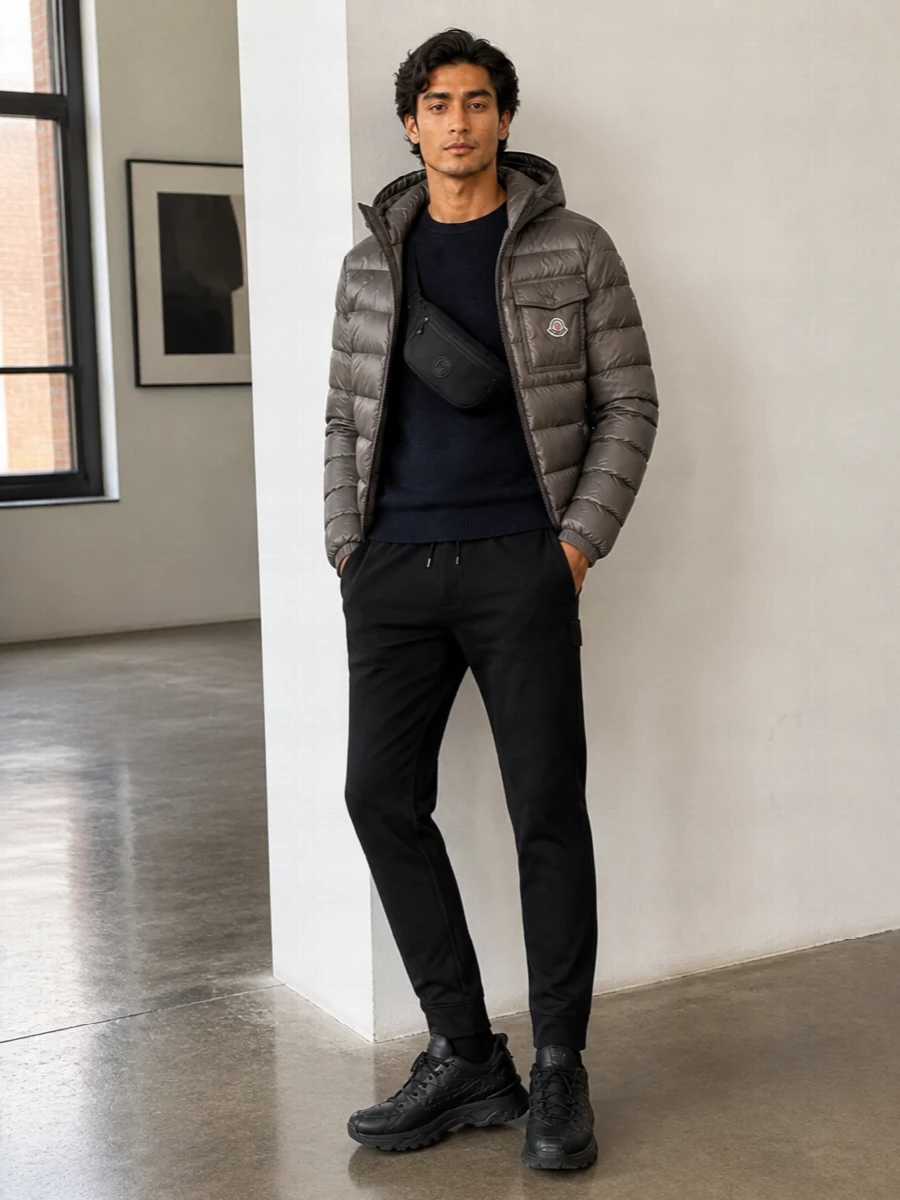 Moncler taupe puffer black joggers sneakers
