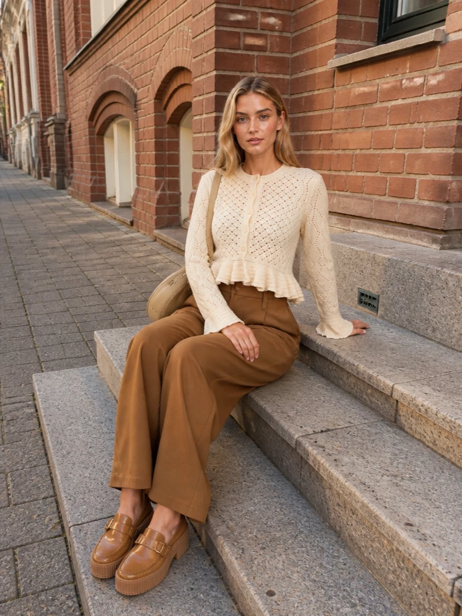 Chloe camel wide leg trousers peplum knit outfit