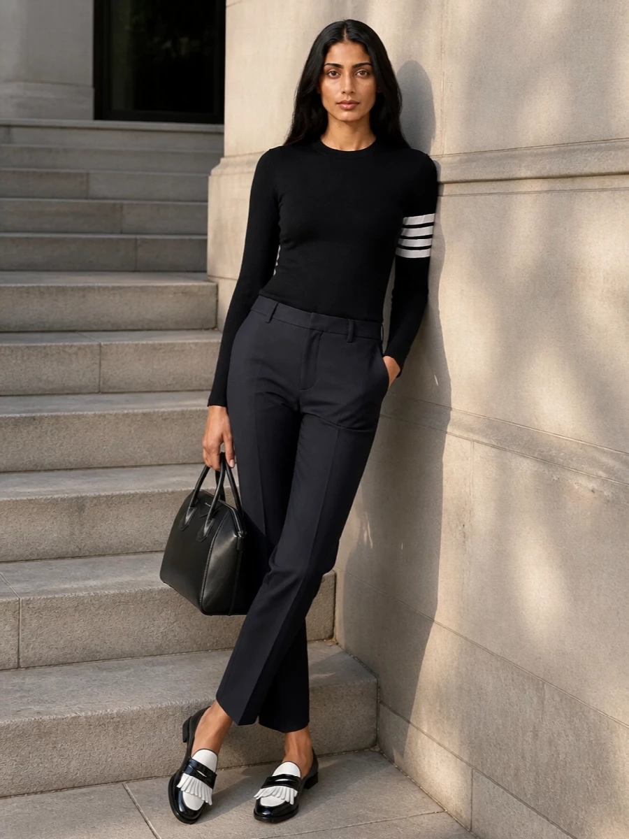 Thom browne black crewneck navy tailored pants