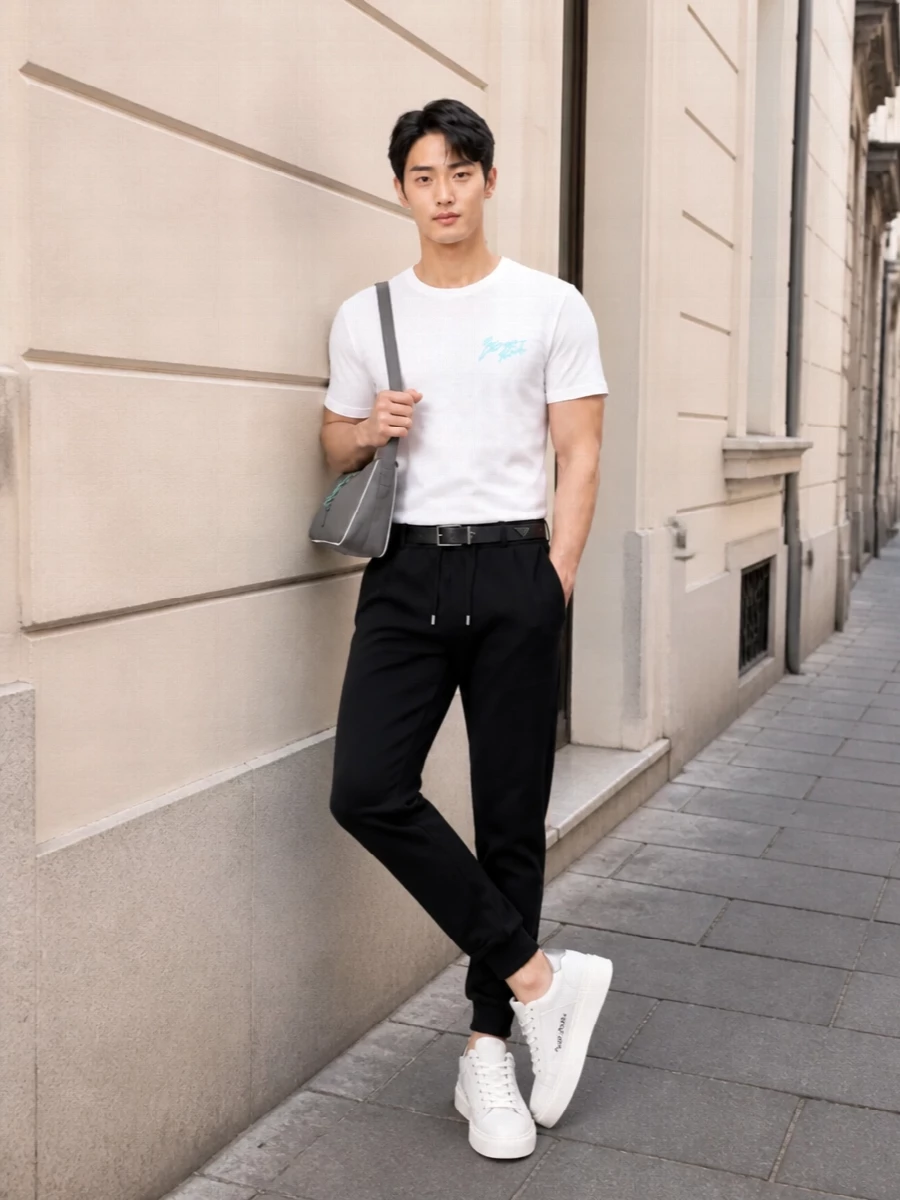 Balmain white logo tee black joggers outfit