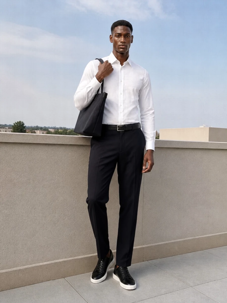 Emporio armani white shirt navy trousers outfit