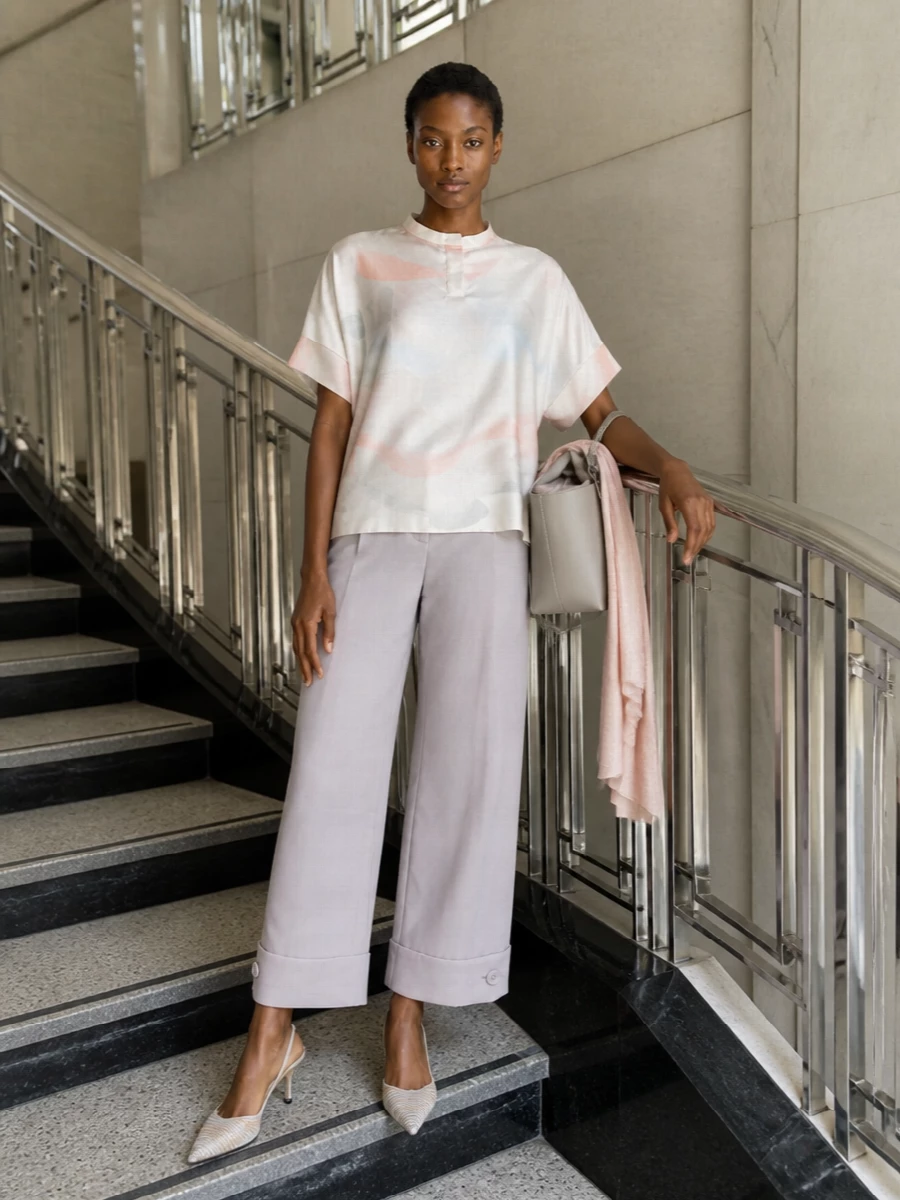 Giorgio armani tunic grey cropped trousers outfit