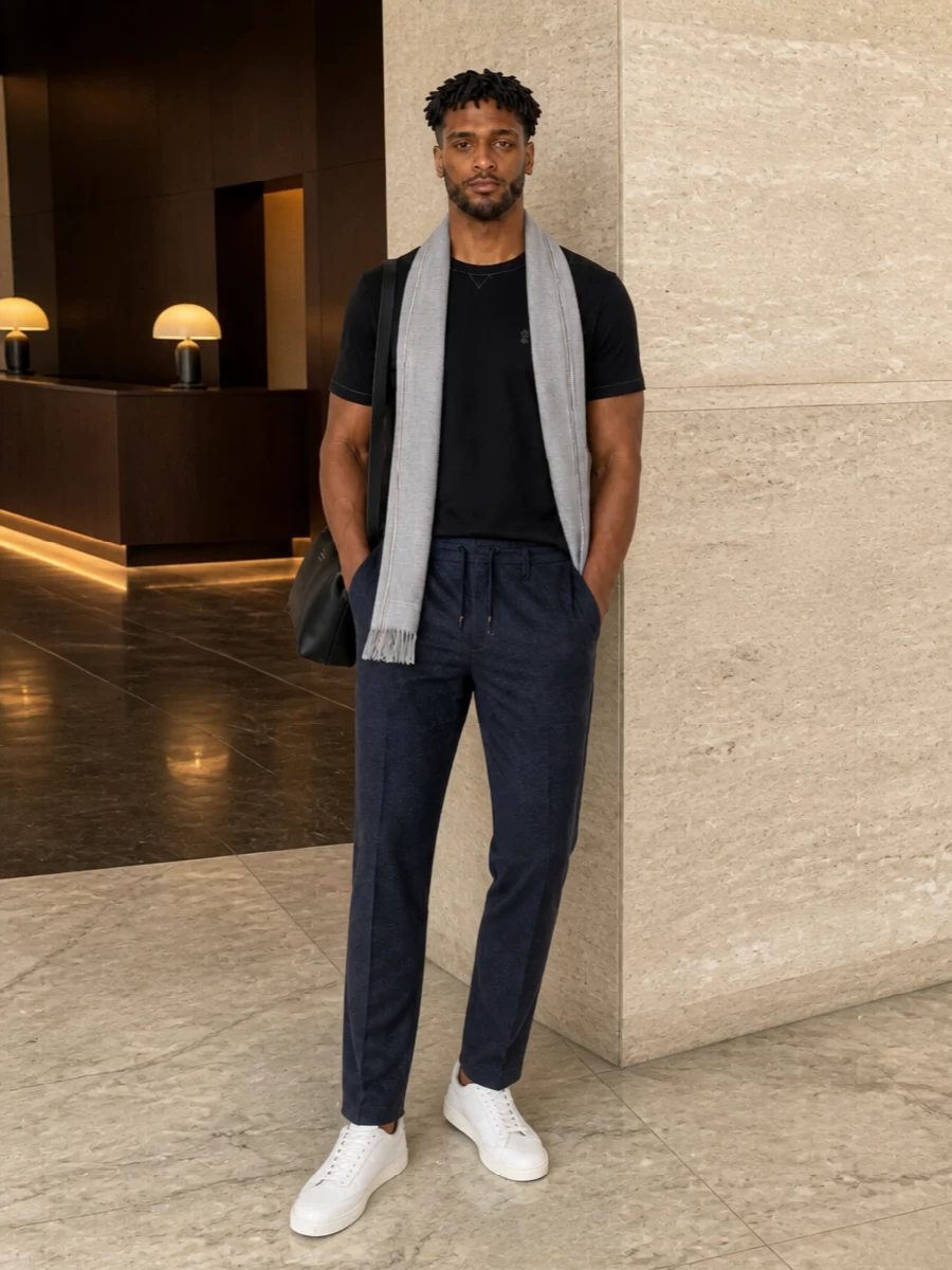 A black Brunello tee meets tailored drawstring trousers for a relaxed take on smart casual, all in a clean navy and grey story. Off-white low-top sneakers keep it understated and modern, while a black Prada shoulder bag and a soft grey scarf sharpen the finish without adding noise. It is an easy city uniform for days when you want comfort to read as considered.
