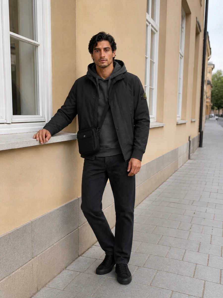 Stone island black jacket hoodie cargo outfit