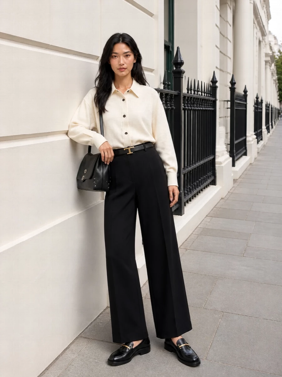 Studio nicholson wide leg trouser cream shirt outfit