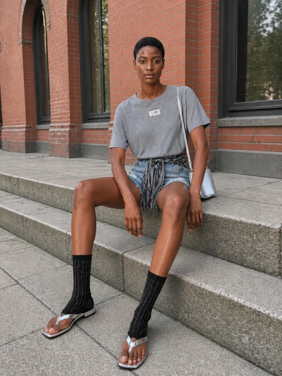 Mm6 denim shorts sequin tee metallic outfit