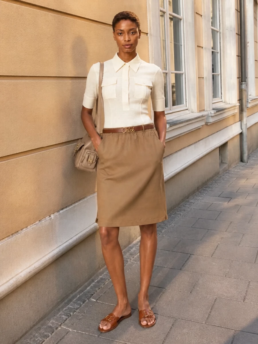 Chloe camel skirt ivory knit polo outfit