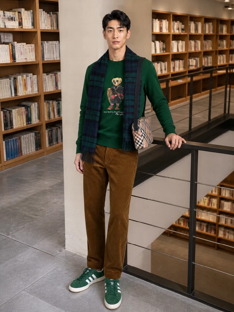 Polo Bear goes full campus with caramel corduroy trousers grounding the graphic sweatshirt in rich autumn texture. Forest-green suede sneakers pick up the top’s tone and stay relaxed, while the Burberry check crossbody and moody tartan scarf sharpen the palette without feeling formal. The result is a warm, collegiate weekend uniform that still reads considered for coffee runs or casual dinners.