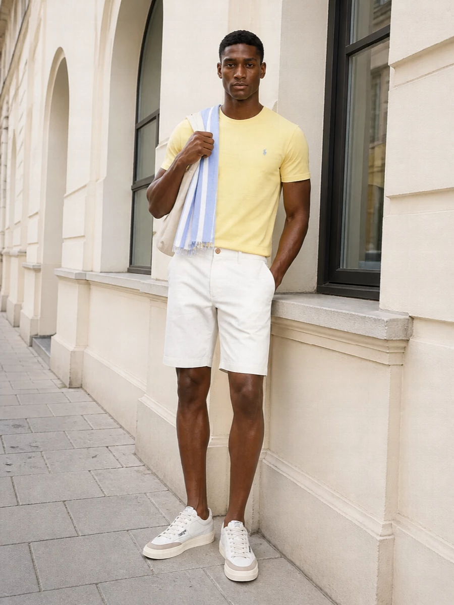 Ralph lauren pastel tee ivory shorts outfit
