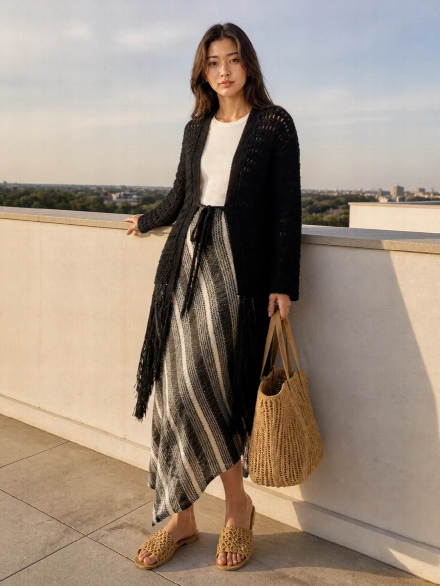 Alanui crochet cardigan missoni knit skirt outfit