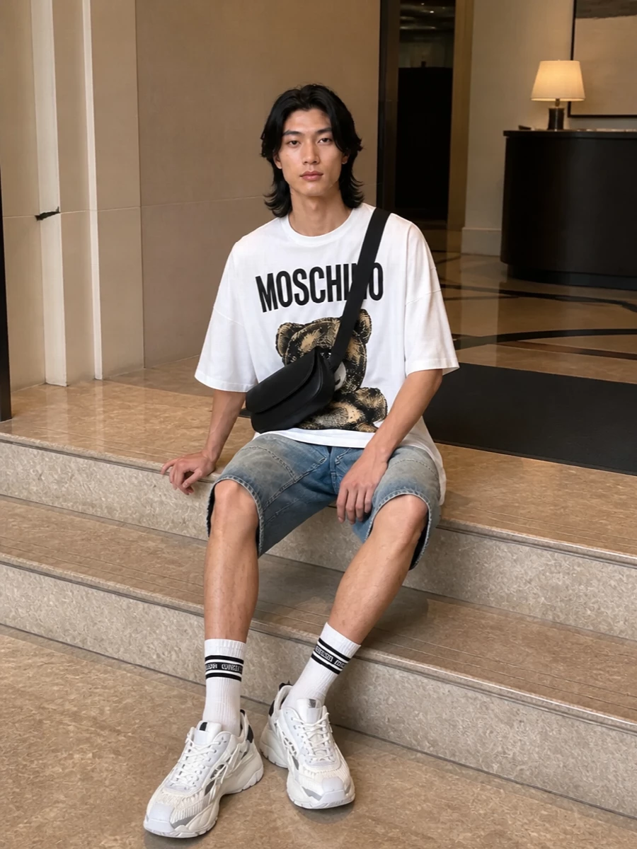 Moschino teddy tee denim shorts versace sneakers