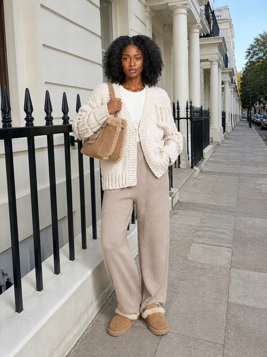 A cocoon of soft neutrals, this pairing leans into chalet calm with a fringe knit cardigan flowing into warm taupe wide‑leg pants. Shearling‑lined camel boots and a tactile suede tote keep the mood indulgently quiet yet practical for winter city or mountain weekends.