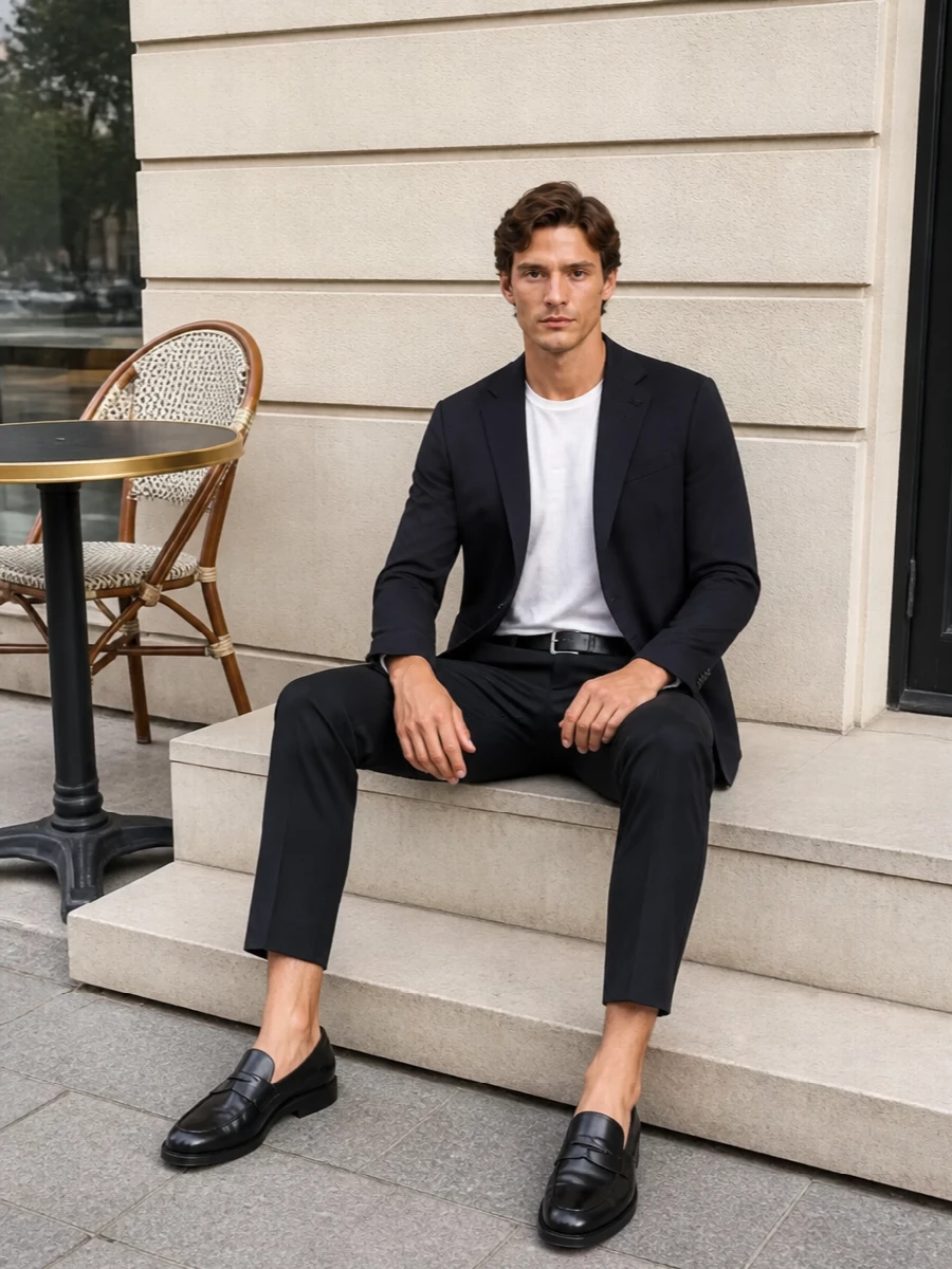 Black drawstring tailoring meets deep navy soft-shouldered structure for a modern, desk-to-dinner uniform. The line stays clean and minimal, with penny loafers and a slim briefcase keeping everything quietly sharp. It is polished enough for client meetings, but relaxed in construction for long commutes and travel days.