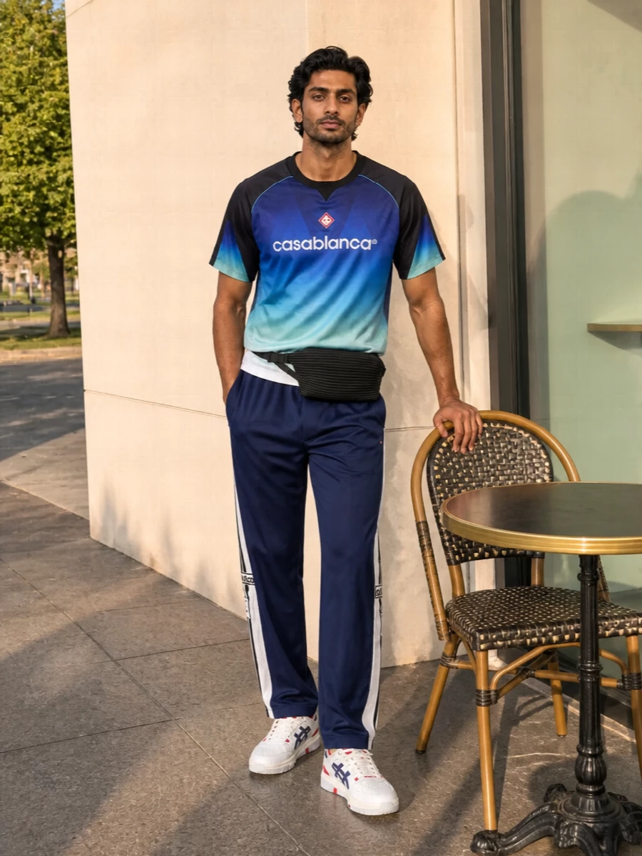Navy track pants meet a gradient Casablanca jersey for a head-to-toe sport story with a graphic edge. Clean white court sneakers keep it sharp and agile, while the pleated belt bag adds just enough design detail without breaking the athletic flow.