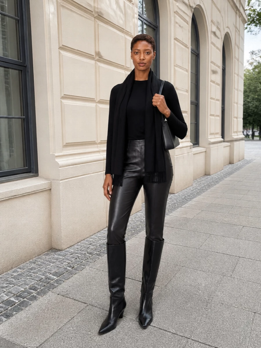 A black Wolford knit pairs with slim faux leather trousers for a clean, columnar base that feels refined yet easy. Pointed knee-high boots continue the line, while an elongated Margiela shoulder bag and a feather-light black scarf add quiet structure and texture without disturbing the monochrome calm. The result is a polished, minimalist ensemble that moves easily from desk to late dinner in the colder months.