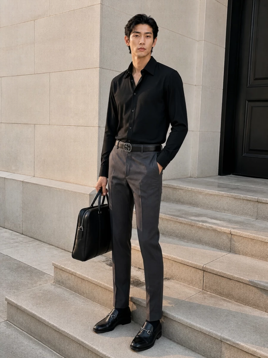A fluid black Gucci shirt meets slim charcoal tailoring for a monochrome take on polish that feels precise without stiffness. Silver-bit loafers and a structured briefcase hold the line at boardroom-level refinement while keeping the mood quietly relaxed. The embossed belt is the only visible logo note, reinforcing the house story without pulling focus from the clean silhouette.