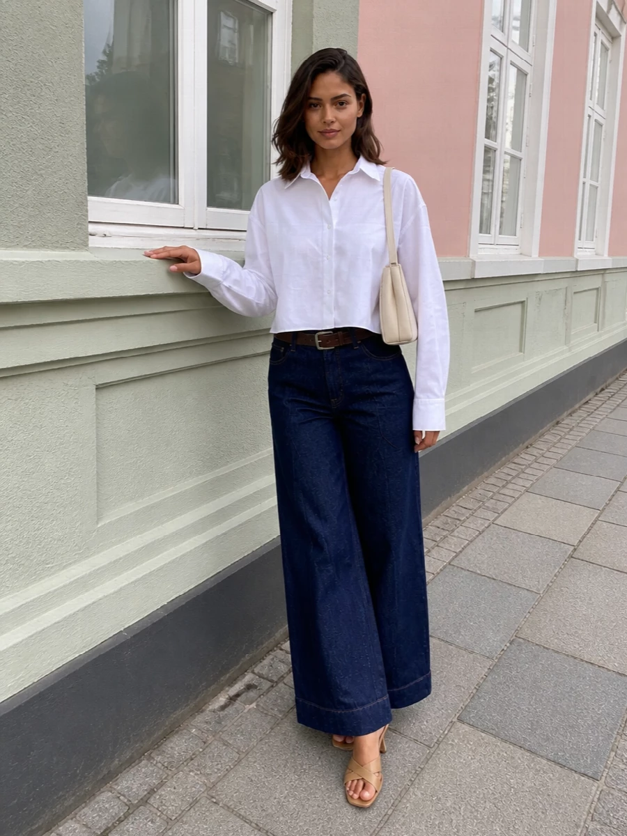 7fam wide leg jeans cropped white shirt outfit