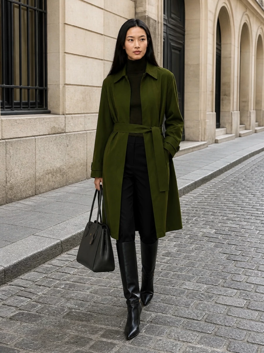 Saint laurent olive coat black tailored trousers