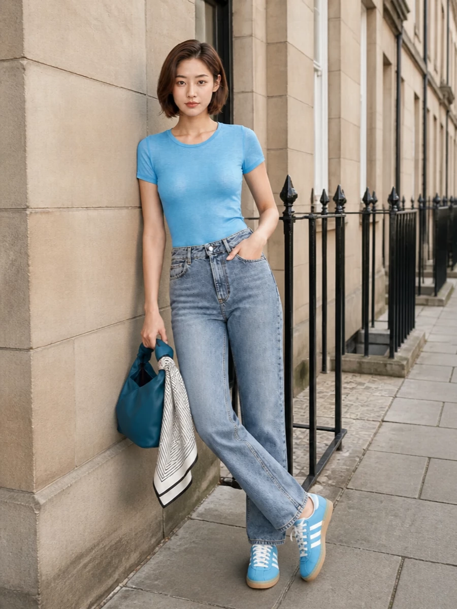Paloma wool sky blue tee toteme jeans outfit