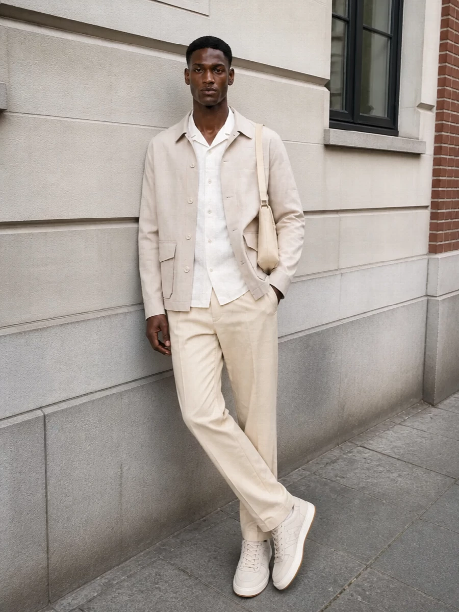 Vince beige jacket light chinos hogan sneakers