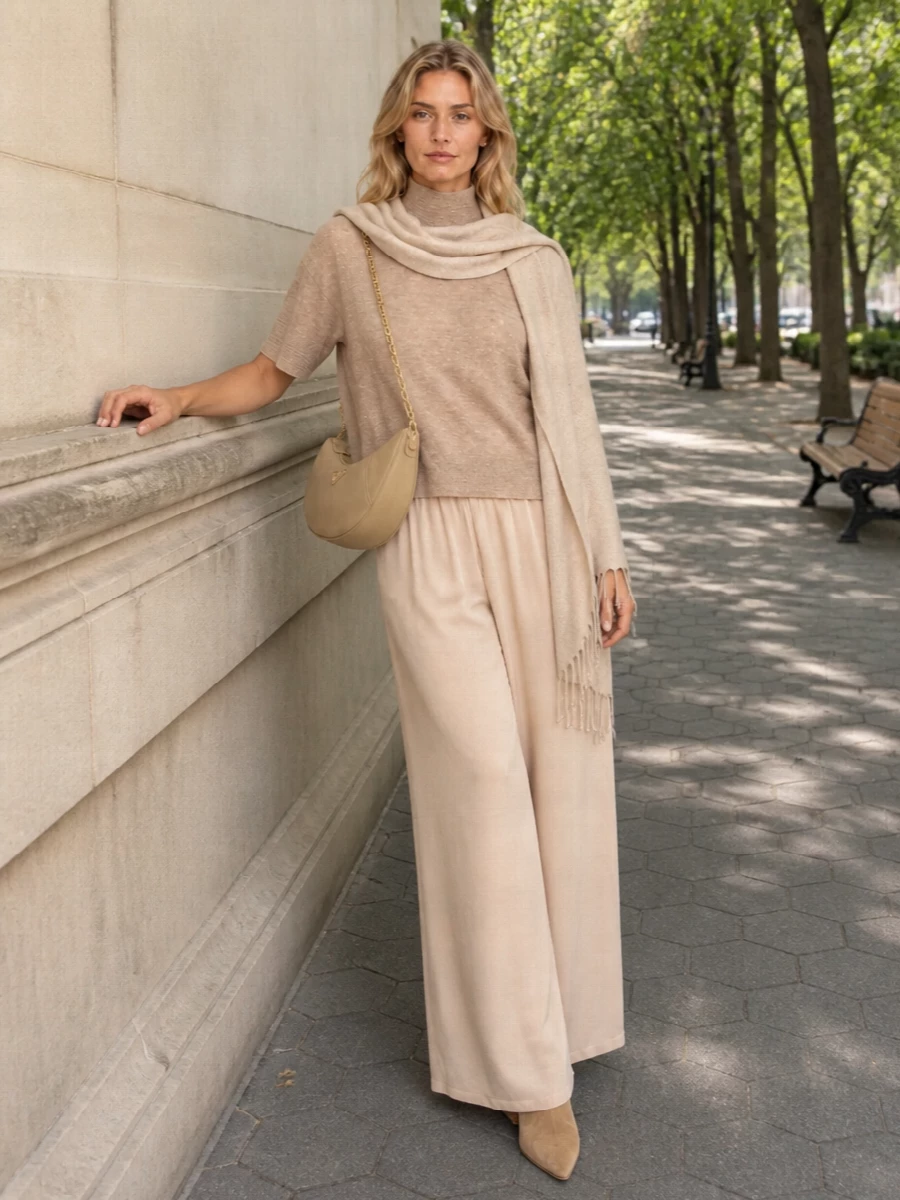 Fabiana filippi camel knit beige wide leg trousers