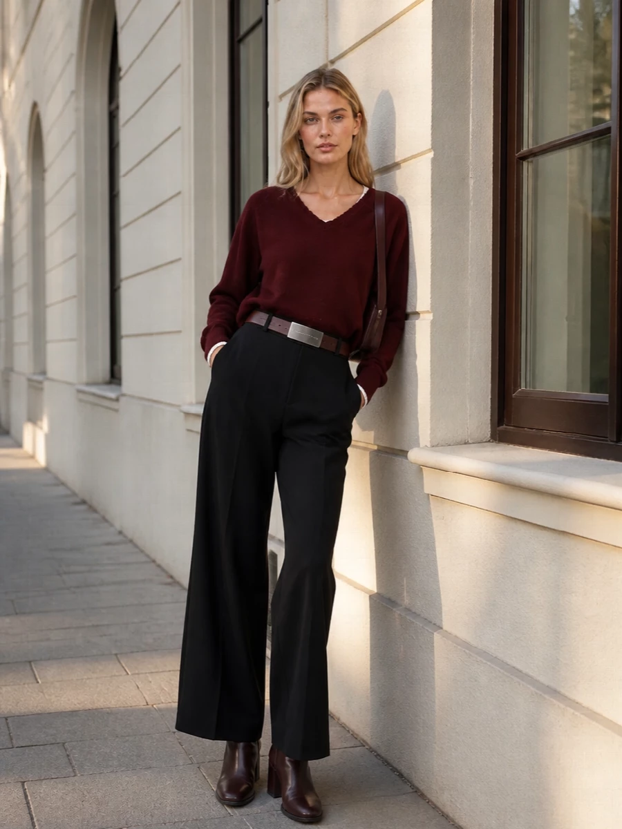 Maison margiela burgundy sweater black wide leg