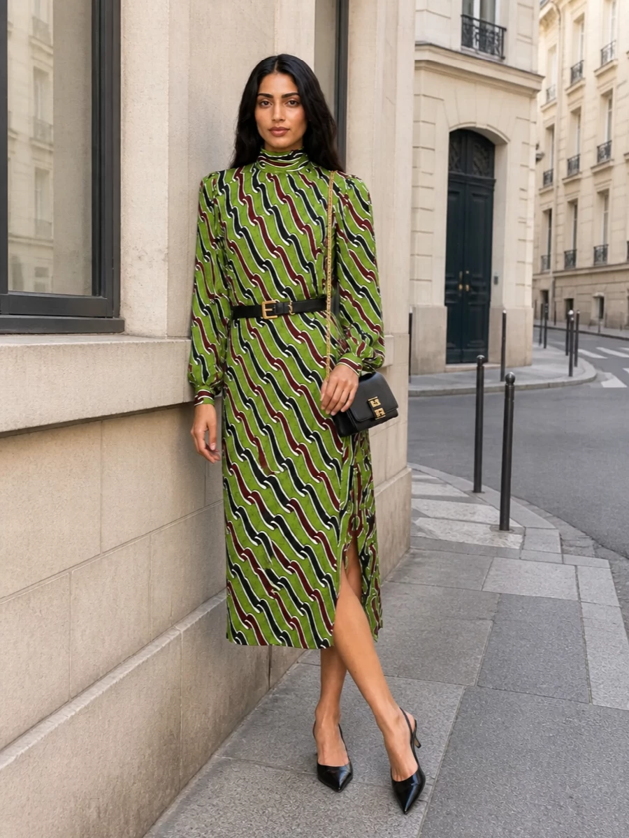 Gucci wave print midi dress outfit kitten heels