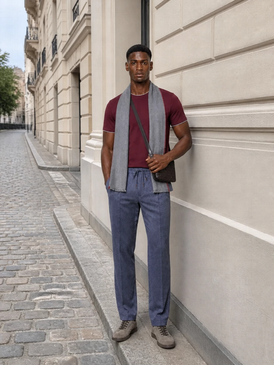 Brunello cucinelli burgundy tee slate trousers