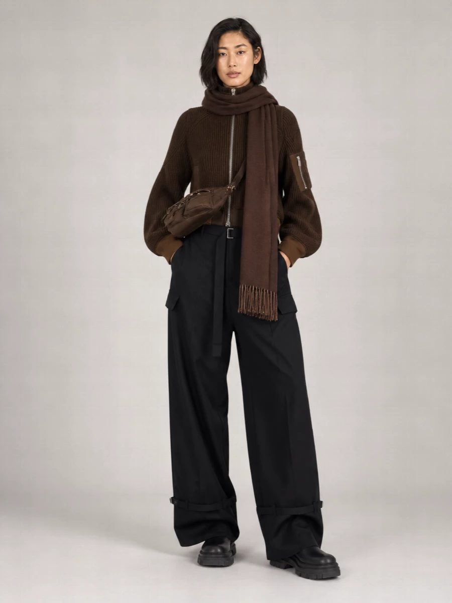 Sacai Wool Ribbed Cropped High Neck Zip Jumper