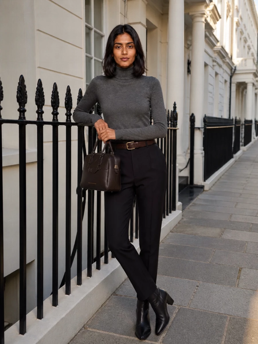 A charcoal turtleneck slipped into black pleated trousers creates a long, uninterrupted line that feels precise yet soft. Black pointed ankle boots sharpen the base, while a dark brown belt and espresso top‑handle bag introduce just enough warmth without breaking the minimalist mood. The result is a quietly authoritative pairing that moves seamlessly from serious meetings to dinner reservations.