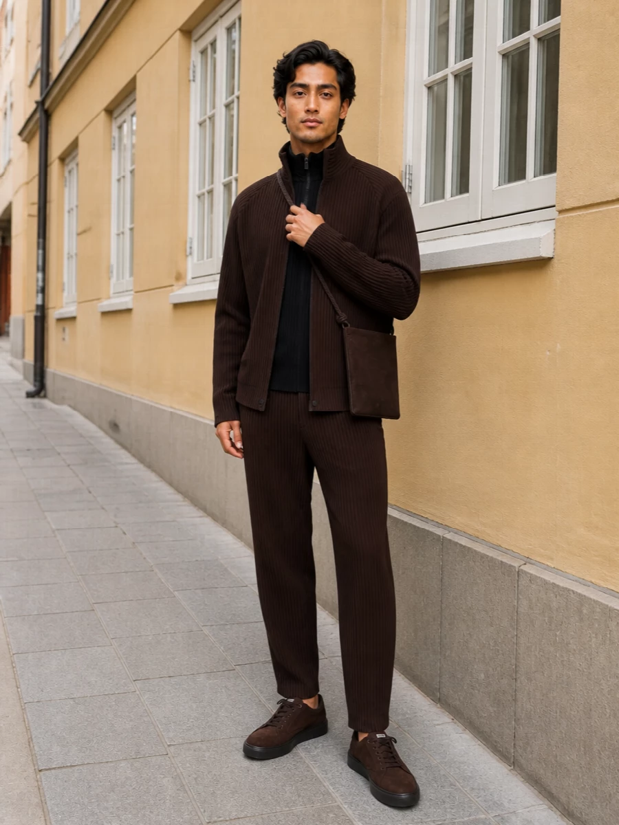 Homme plisse brown pleated jacket sneaker outfit