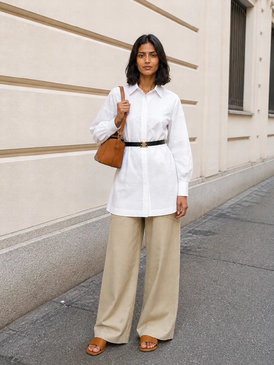 Loewe white shirtdress wide leg trousers outfit
