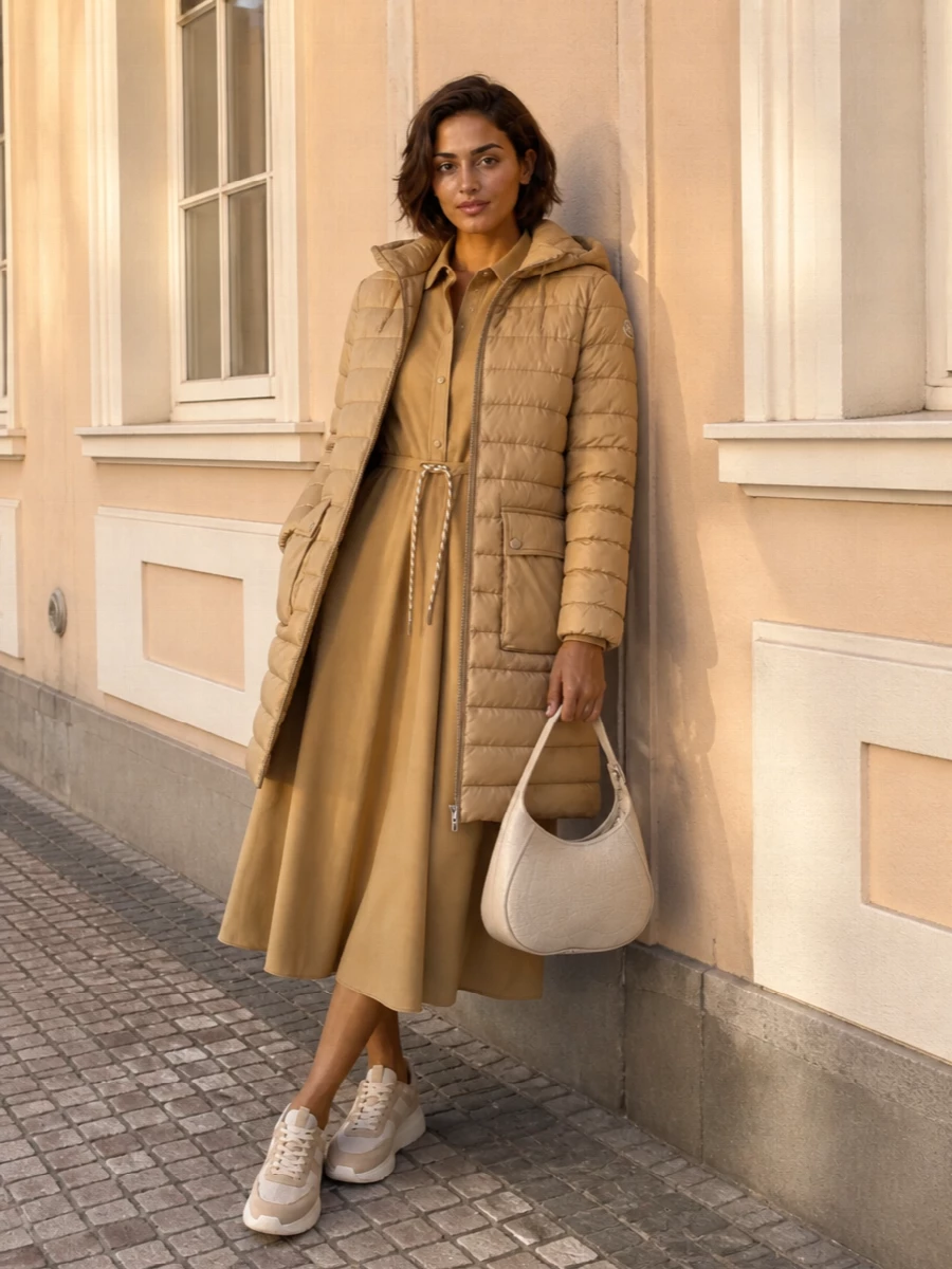 This look builds a refined city-uniform around the warm beige Moncler longline puffer by pairing it with the sun-washed camel midi shirt dress for a clean, slightly utilitarian column of color. Cream-and-sand Moncler sneakers keep the mood sporty yet polished, while the sculpted Burberry hobo in cream adds a discreetly luxurious finish that stays perfectly within the quiet neutral palette. I chose the dress route over separates to preserve an uninterrupted, elongated silhouette under the long coat, keeping the outfit serene and effortless.