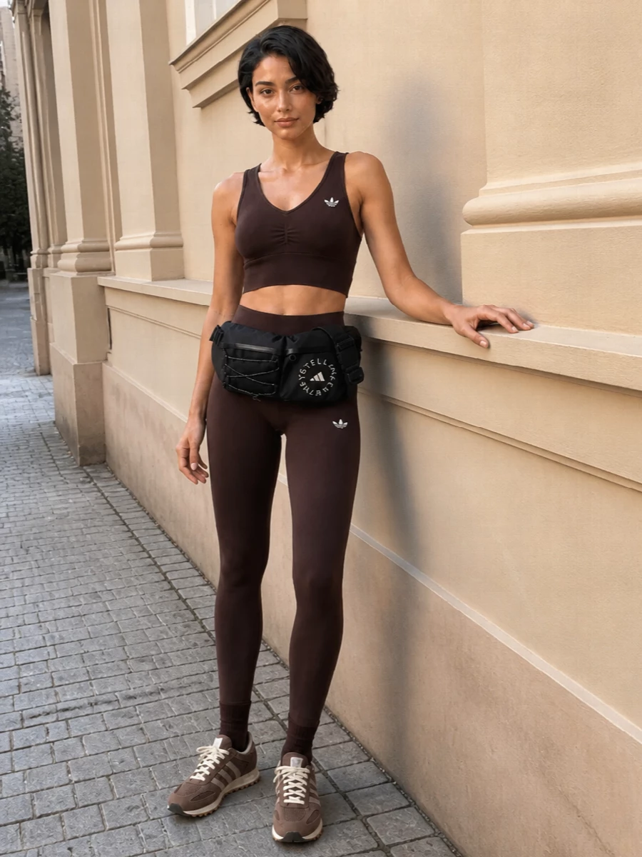 A deep chocolate base runs through the set, so the outfit reads like a considered co-ord rather than separate gym pieces. The high-rise legging and cropped bra balance coverage and skin, while the retro runner and tonal socks keep it grounded and practical for all-day movement. The black belt bag slots in as a functional, hands-free accent that sharpens the sporty attitude without breaking the warm palette.