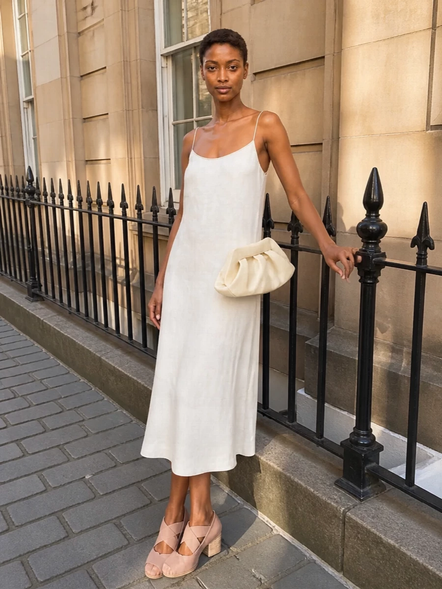 A whisper-light Uma Wang slip paired with the dusty-blush Uma Wang pumps creates a soft, elongated column in warm neutrals. The palette stays hushed and tonal, letting texture and subtle square-toe sculpting do the talking. The buttercream pleated clutch finishes it with just enough structure for gallery dinners and low-key celebrations without breaking the quiet mood.
