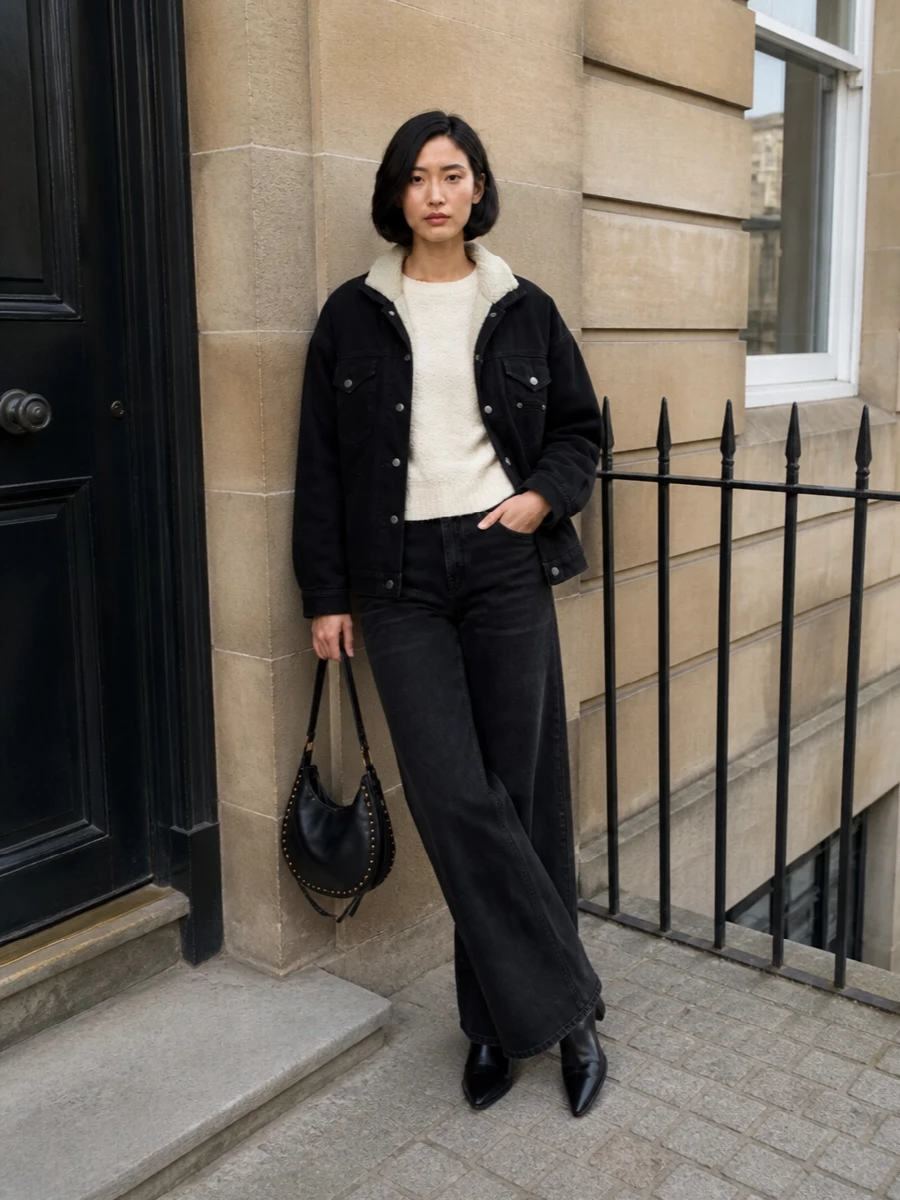 Isabel marant sherpa jacket wide leg black jeans