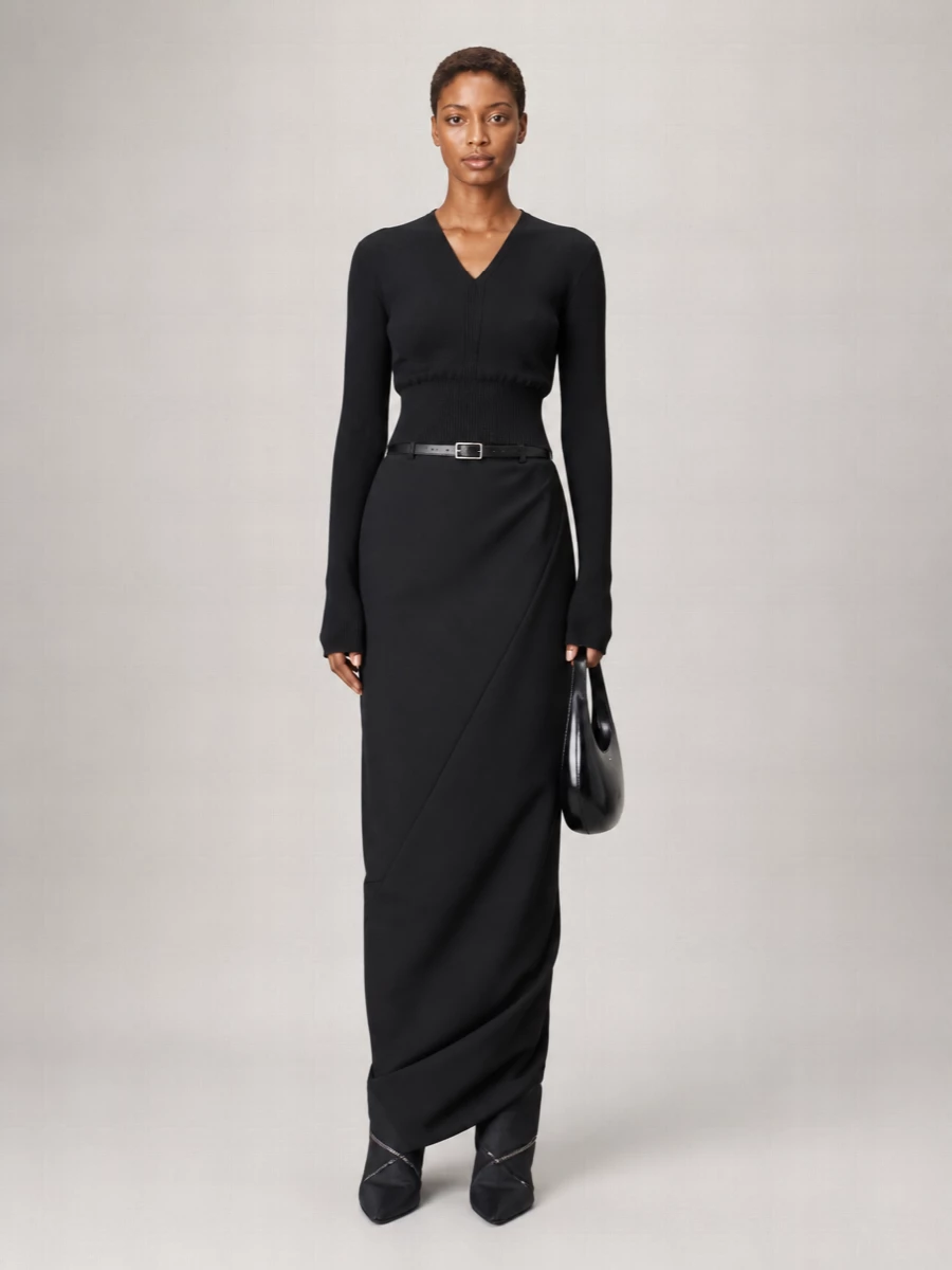 Rick Owens Virgin Wool Ribbed V-Neck Cropped Long-Sleeve Knitted Top