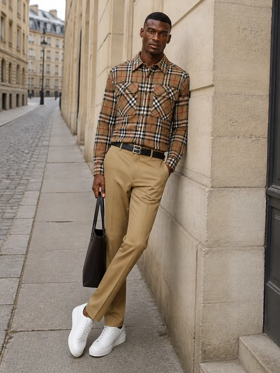 Burberry check shirt camel trousers outfit