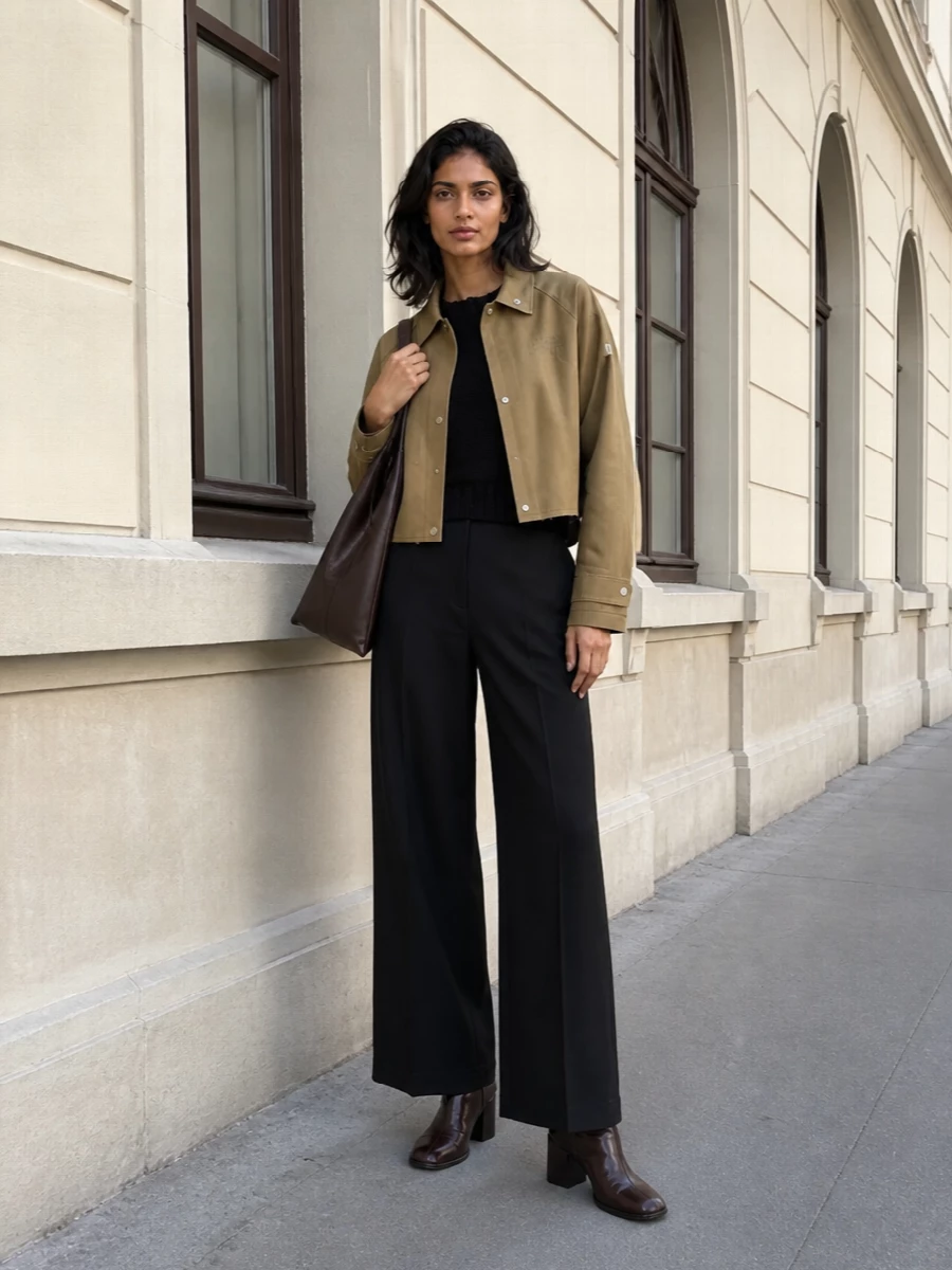 Mm6 margiela cropped jacket black wide leg trousers