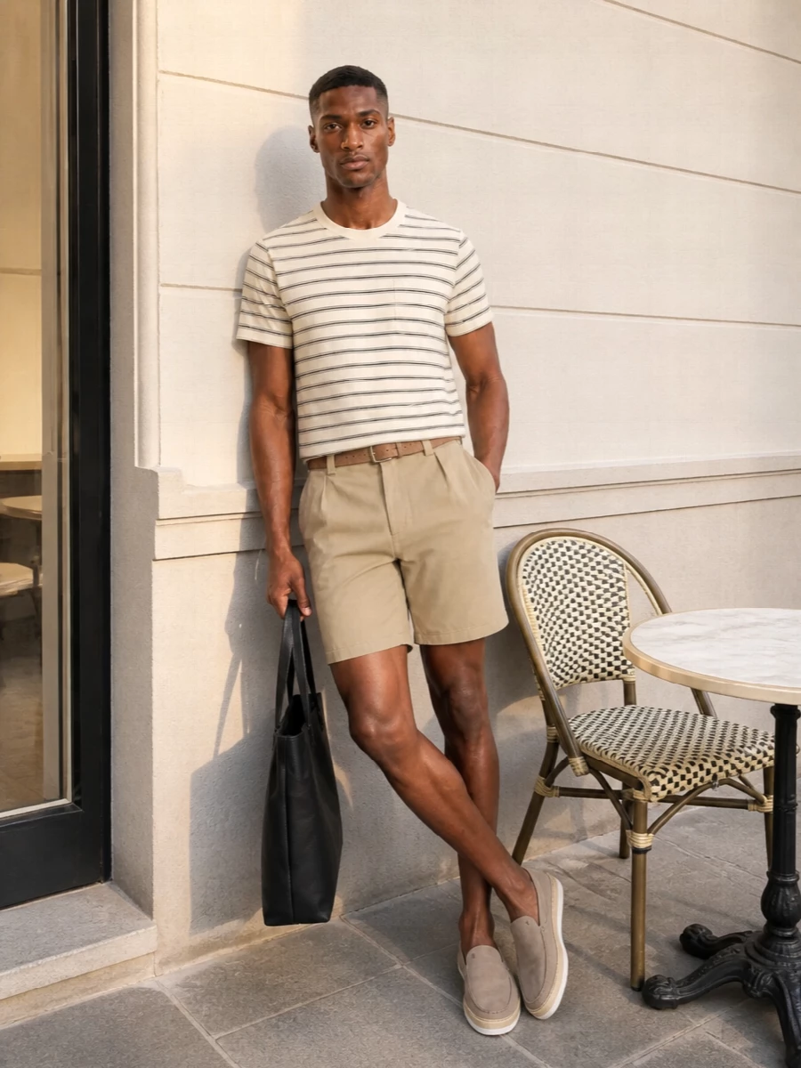 Apc khaki shorts striped tee tods loafers